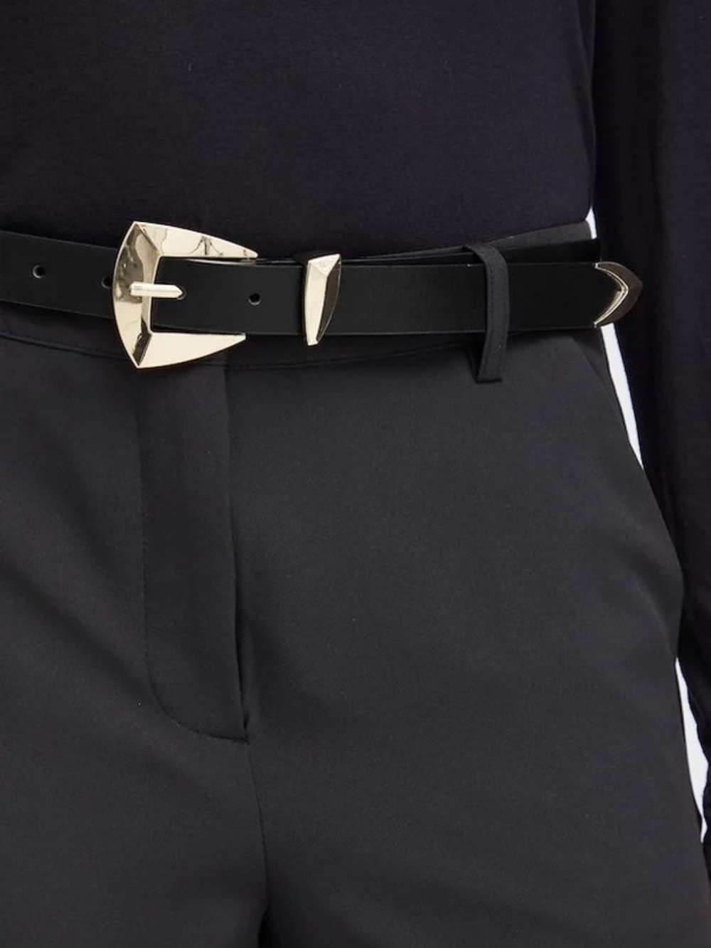 Ichi Black Leather Belt with Geometric Buckle 85cm